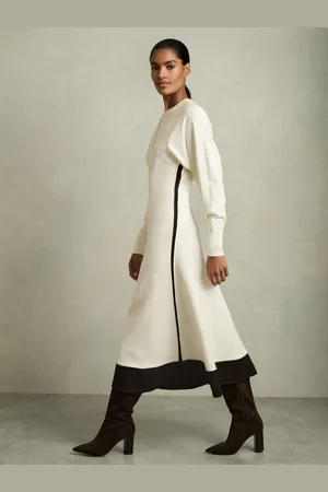 Reiss Caprice Wool-blend Hybrid Knitted Midi Dress, 6, Cream & black