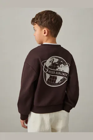 Reiss Chocolate Brown & off White Senior Cotton Blend Airlines Print Sweatshirt, Q04