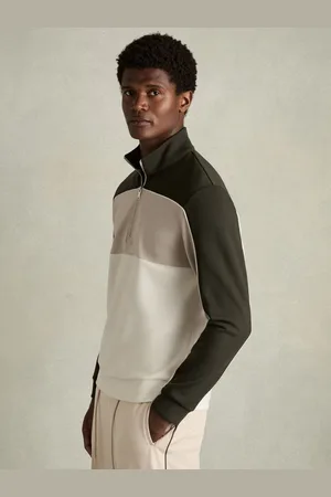 Reiss Forest Green & off White Interlock Colour-block Half-zip Sweatshirt, M