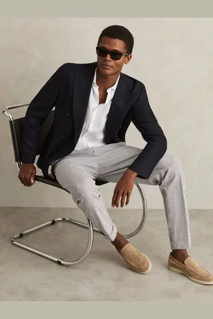 Reiss Navy & white Stretch Seersucker Stripe Trousers, 28
