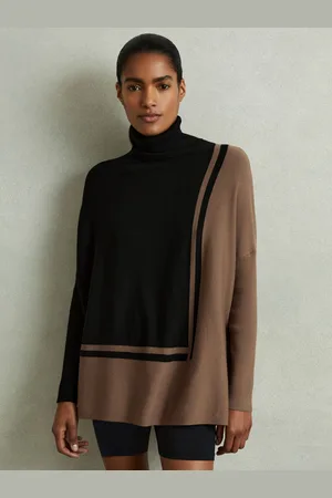 Reiss Sophia Roll Neck Split Hem Jumper , Black and Brown, Size: M