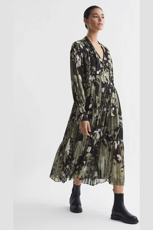 Reiss Lottie Green Floral Print Tie Neck Midi Dress, 4, Green & black