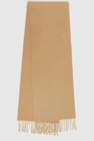 Reiss Picton Soft Camel and Cashmere Scarf Wool Logo Embroidered, , Size: 180x31cm