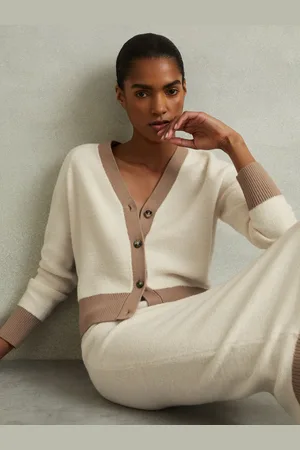 Reiss Brie & camel Wool Colourblock Cardigan, S