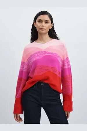 CRUSH Horizon V Neck Jumper Cashmere Colourblock, Red & cream Size: XS