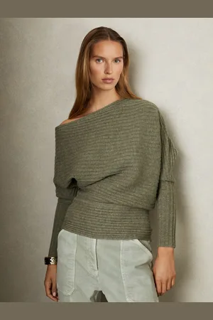 Reiss Nelly Sage Wool-cashmere Off-the-shoulder Draped Jumper, M