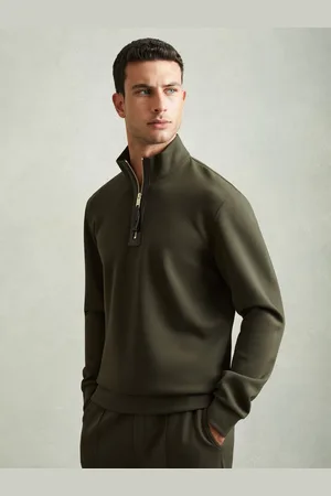 Reiss Hale Forest Leather-placket Interlock Jersey Sweatshirt, , Size: XS
