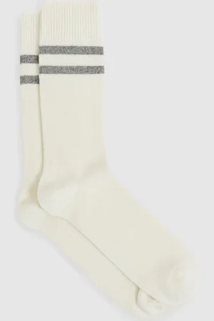 Reiss Ecru & soft Grey Striped Socks With Wool And Cashmere, M & L