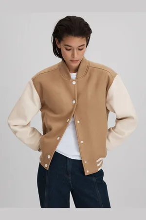Reiss Camel & cream Premium Wool Blend Bomber Jacket, XS