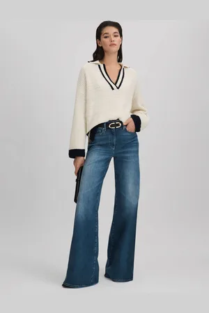 Reiss Michaela Open Collar Jumper Textured, Cream & navy Size: XS