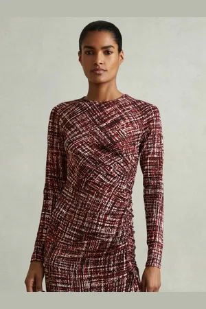 Reiss Riyo Red Petite Printed Ruched Midi Dress, 6, Red & cream