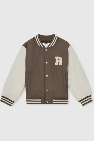 Reiss Mink Brown & off White Colour Block Varsity Bomber Jacket