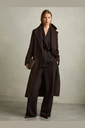 Reiss Lucia Chocolate Wool Blend Double Breasted Blindseam Coat, 8