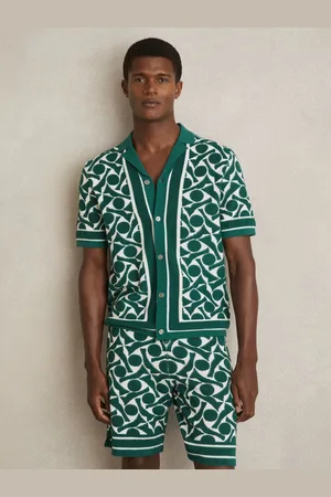 Reiss Green & white Abstract Pattern Towelling Shirt, XS