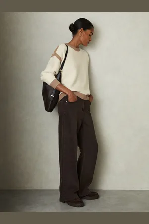 Reiss Beth Cream & camel Wool Colourblock Crew Neck Jumper, L, Cream & brown