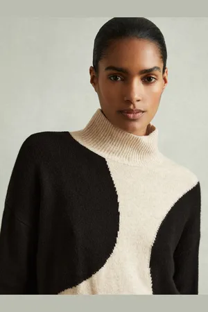 Reiss Oatmeal & black Colourblock Roll Neck Jumper, L