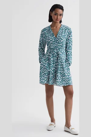 Reiss Briella Long Sleeve Dress Printed, Teal & white Size: 6