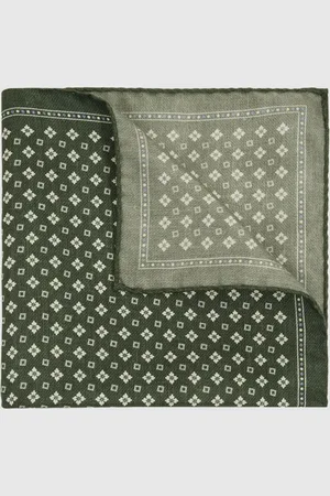 Reiss Pulcino Olive Reversible Silk Pocket Square, 32x32cm, Green & white