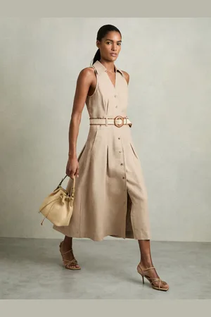 Reiss Petite Linen Belted Sleeveless Midi Dress, 4