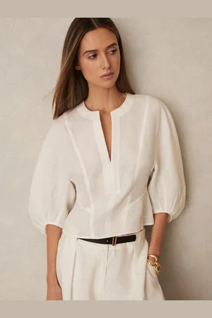Reiss Linen Balloon-sleeve Top, 4