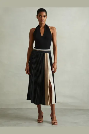 Reiss Iris Midi Skirt Colour Block, Black & brown Size: 4