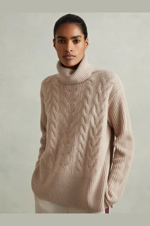 Reiss Carina Cashmere Roll Neck Jumper Wool Cable Knit, , Size: L