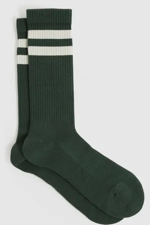 Reiss Pine Green & ecru Cotton-blend Double-stripe Socks, M & L