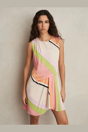 Reiss Pink & green Stripe-print Tuck Mini Dress, 4