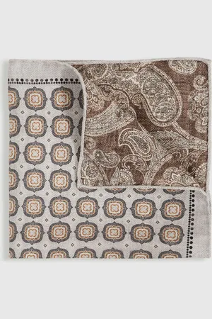 Reiss Grey & tobacco Brown Silk Medallion Reversible Pocket Square