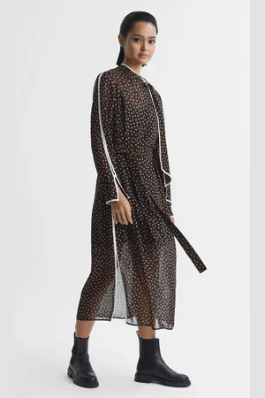 Reiss Black & brown Polka Dot Tie Neck Midi Dress, 6