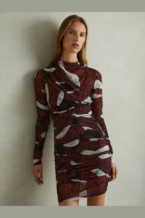 Reiss Kallie Burgundy Printed Ruched Mini Dress, 4, Burgundy & grey