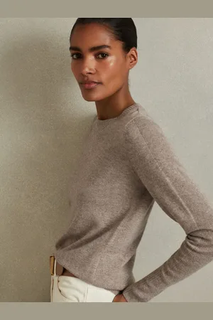 Reiss Annie Neutral Wool Blend Crew Neck Jumper With Cashmere, L