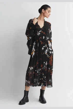 Reiss Black & brown Floral Neck Tie Midi Dress, 4
