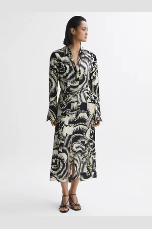 Reiss Black & white Printed Long Sleeve Midi Dress, 8