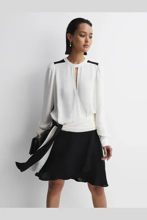 Reiss Sadie Colourblock Belted Mini Dress, 4, Cream & black