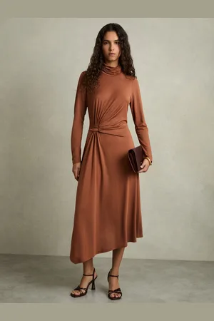 Reiss Casey Camel Petite Draped Jersey Midi Dress, 4
