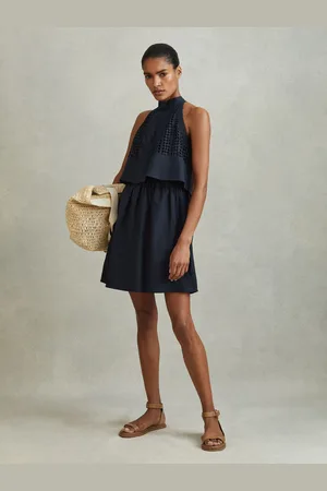 Reiss Broderie Halter Neck Mini Dress With Linen, 16