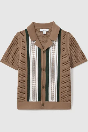 Reiss Jensen Cuban Collar Shirt Embroidered, Camel & green Size: 9