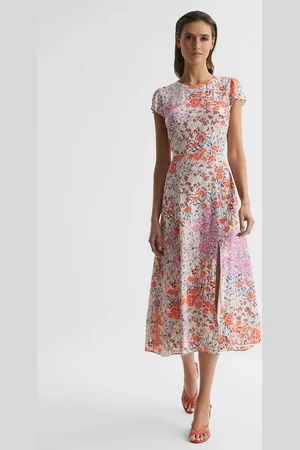 Reiss Coral & white Floral Print Cap Sleeve Dress, 14