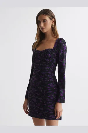 AMUR Giulia Pleated Floral Bodycon Mini Dress, Hydrangea Berry, Size: 12, Purple & black