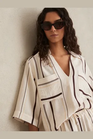 Reiss White & brown Stripe-print Relaxed V-neck Shirt, 8