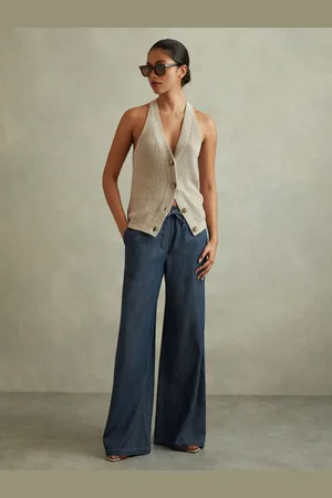 Reiss Carter Mid Denim Look Wide Leg Trousers, 4R