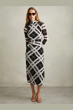 Reiss Darla Checked Ruched Midi Dress, 4, Black & white