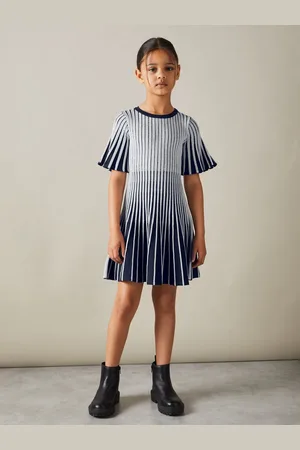Reiss Ice Metallic Contrast Dress Midi Ribbed, Silver and Navy Blue, Size: 5-6 Years, Navy & camel, 5-6Yrs