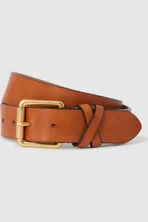 Reiss Annie Buckle Belt - Brown Leather Plain, Size: L