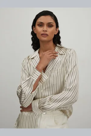 Paige Silk Striped Shirt, White & black, M