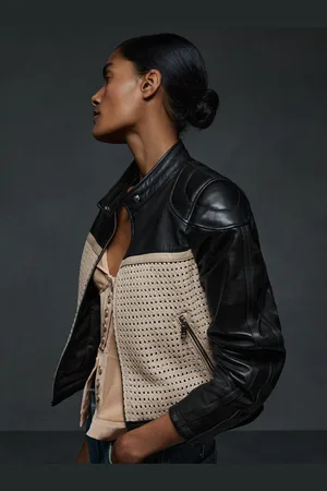 Reiss Atelier Leather Woven Biker Jacket, 10