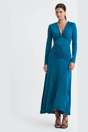 Reiss Remy Teal Plunge Neck Ruche Midi Dress, 4
