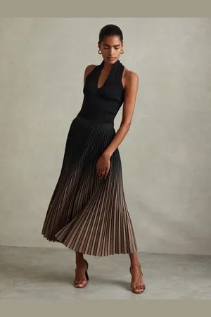 Reiss Marlie Pleated Midi Skirt Ombre Design, Black & taupe Size: 4