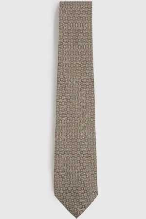 Reiss Garda Tie Silk Medallion Print, Green & brown Size: One Size